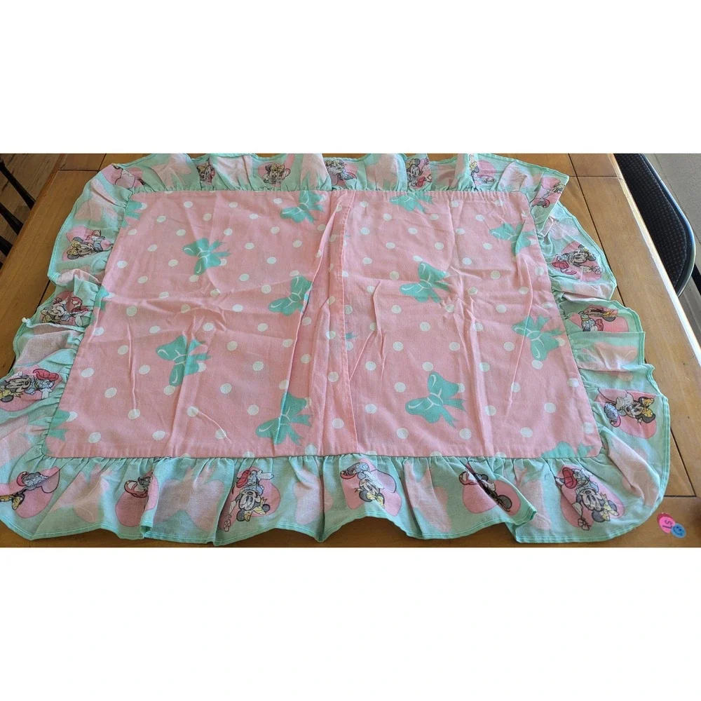 Vintage Disney Minnie Mouse Ruffled Pillow Sham Pink Teal Polka Dot Bows 90s
